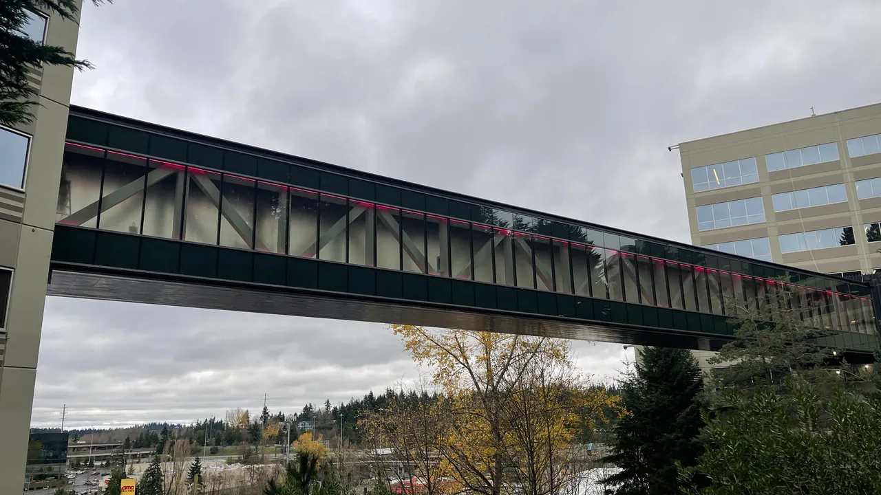 Enclosed pedestrian skybridge with diagonal steel supports connects T-Mobile buildings in Newport, WA.