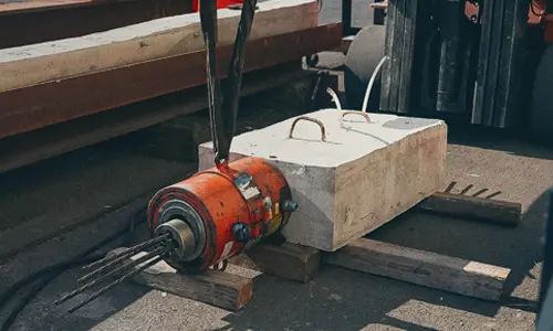 Post-tension stressing jack attached to a concrete block, used in structural upgrade testing or training.